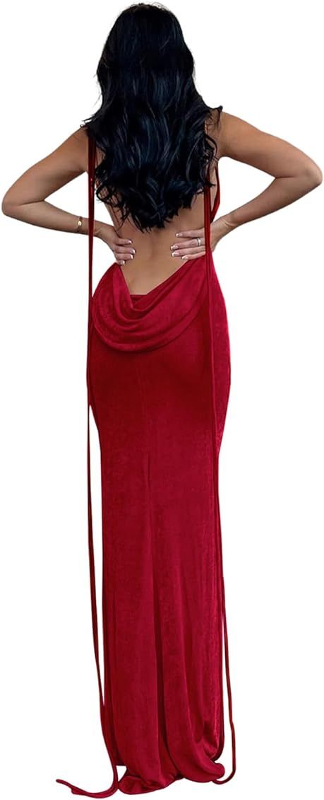 Volemo Slip Bodycon Dresses for Women Spaghetti Strap Lace Up Backless Cowl Neck Maxi Mermaid Cocktail Party Dress | Amazon (US)