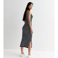 Navy Stripe Ribbed Knit High Neck Split Hem Midi Dress New Look | New Look (UK)
