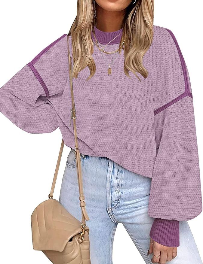 Fall Clothes for Women 2023 Trendy Crew Neck Oversized Sweaters Color Block Batwing Long Sleeve K... | Amazon (US)