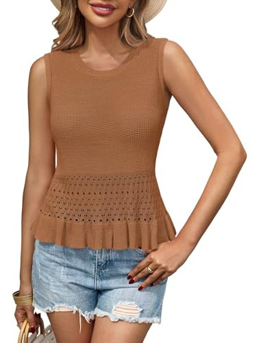 Saodimallsu Womens Crochet Crop Tank Tops Sleeveless Crew Neck Ruffle Summer Boho Knit Sweater Vest Brown | Amazon (US)