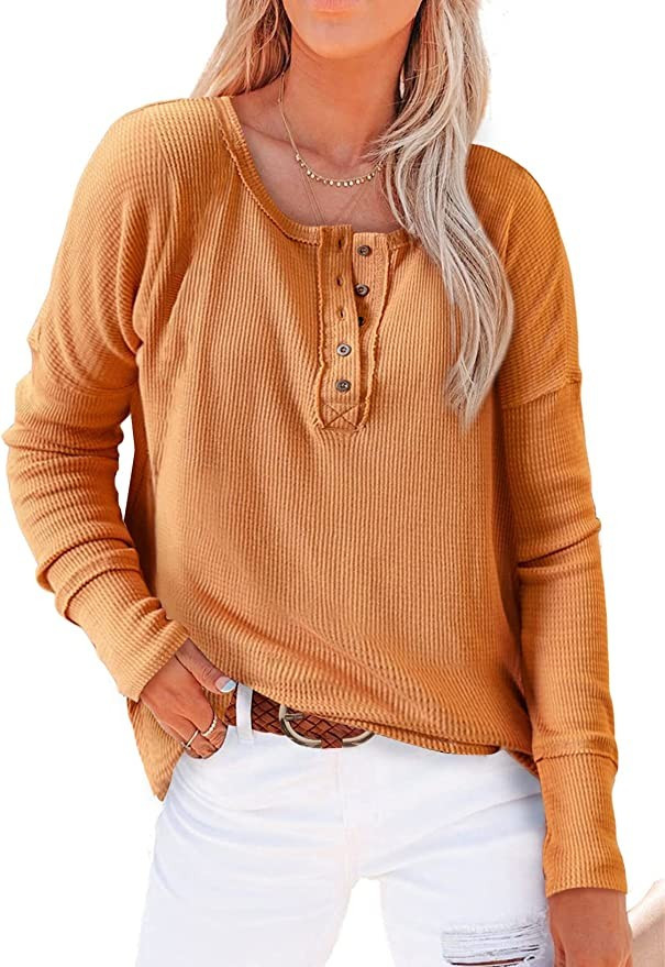 BLENCOT Women's Waffle Knit Tunic Tops Casual Long Sleeve Button Up Crew Neck Henley Pullover Shi... | Amazon (US)