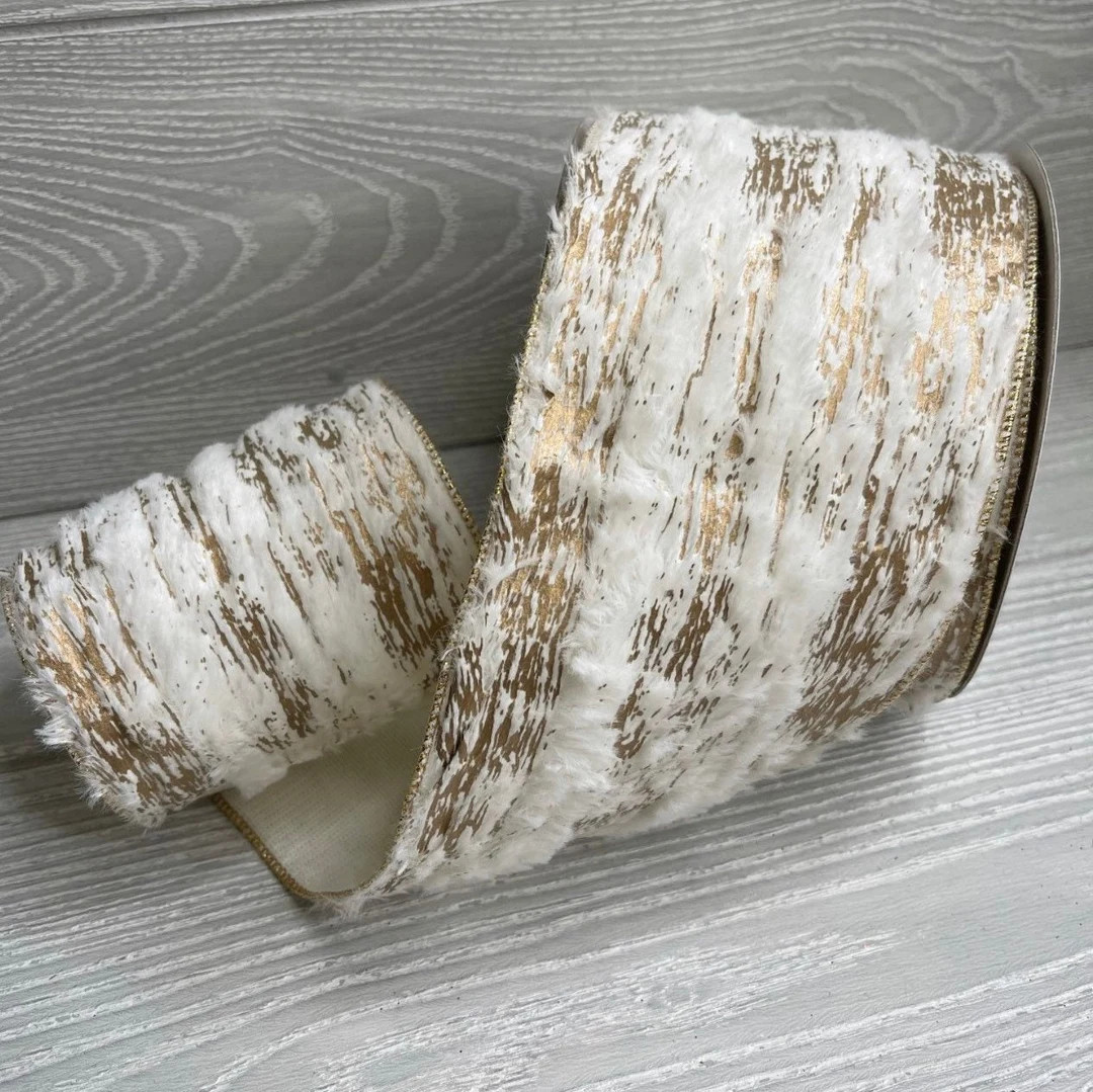 Cream and Gold Furry Ribbon, Faux Fur Ribbon, 4 Cream Christmas Ribbon, Faux Birch Tree Wired Rib... | Etsy (US)