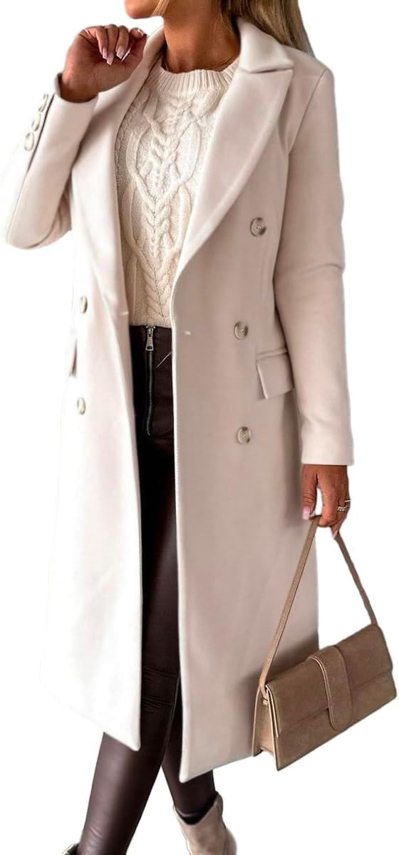 Womens Long Wool Coat Double Breasted Trench Coat Fall Winter Clothes | Amazon (US)