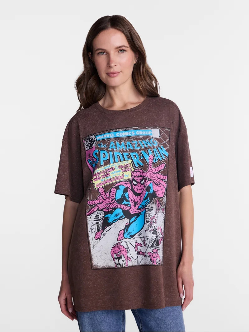Marvel Spider-Man Women's Washed Oversized Graphic Tee with Short Sleeves, Sizes XXS-XXL | Walmart (US)