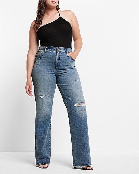 High Waisted Medium Wash Distressed Wide Leg Jeans | Express