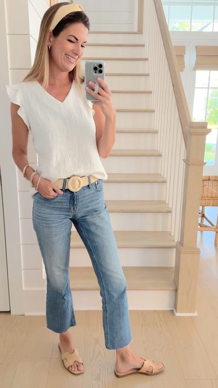 Favorite jeans!  True to size. I’m 5’11” wearing the 26 tall.  Size small top (Amazon find).  Sandals true to size.  

#LTKOver40 #LTKVideo #LTKShoeCrush