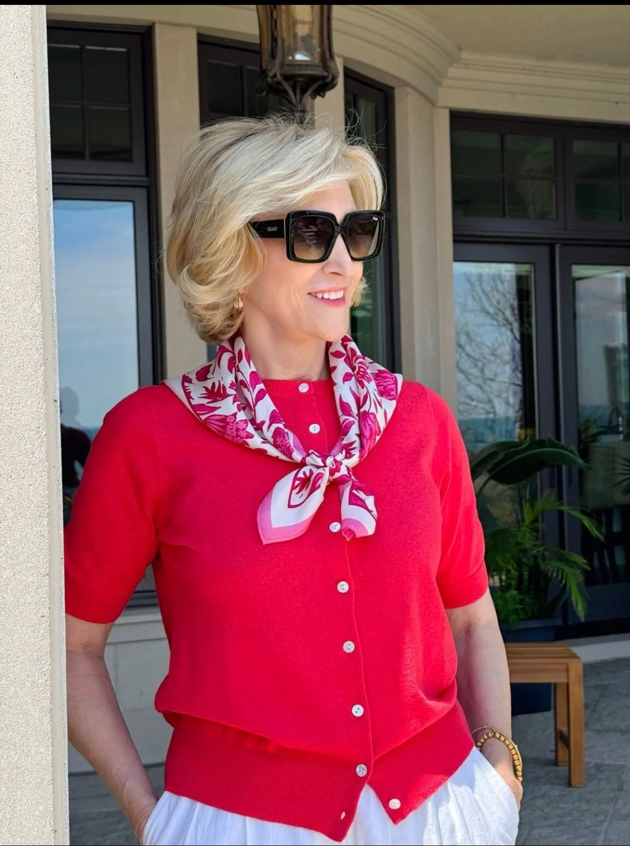 Sometimes it’s the little details that pull an outfit together ❤️ A red short sleeve sweater, crisp white pants, and a patterned scarf tied around the neck feels classic with just the right amount of personality. Effortless, polished, and one of those looks that works for everything from lunch dates to strolling around town ✨

#LTKootd #LTKSeasonal #LTKOver40