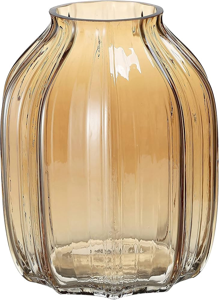 Large Amber Glass Vase for Flowers Ribbed Tall Gold Floor Vase 8.0" Decorative Vases for Home Tab... | Amazon (US)