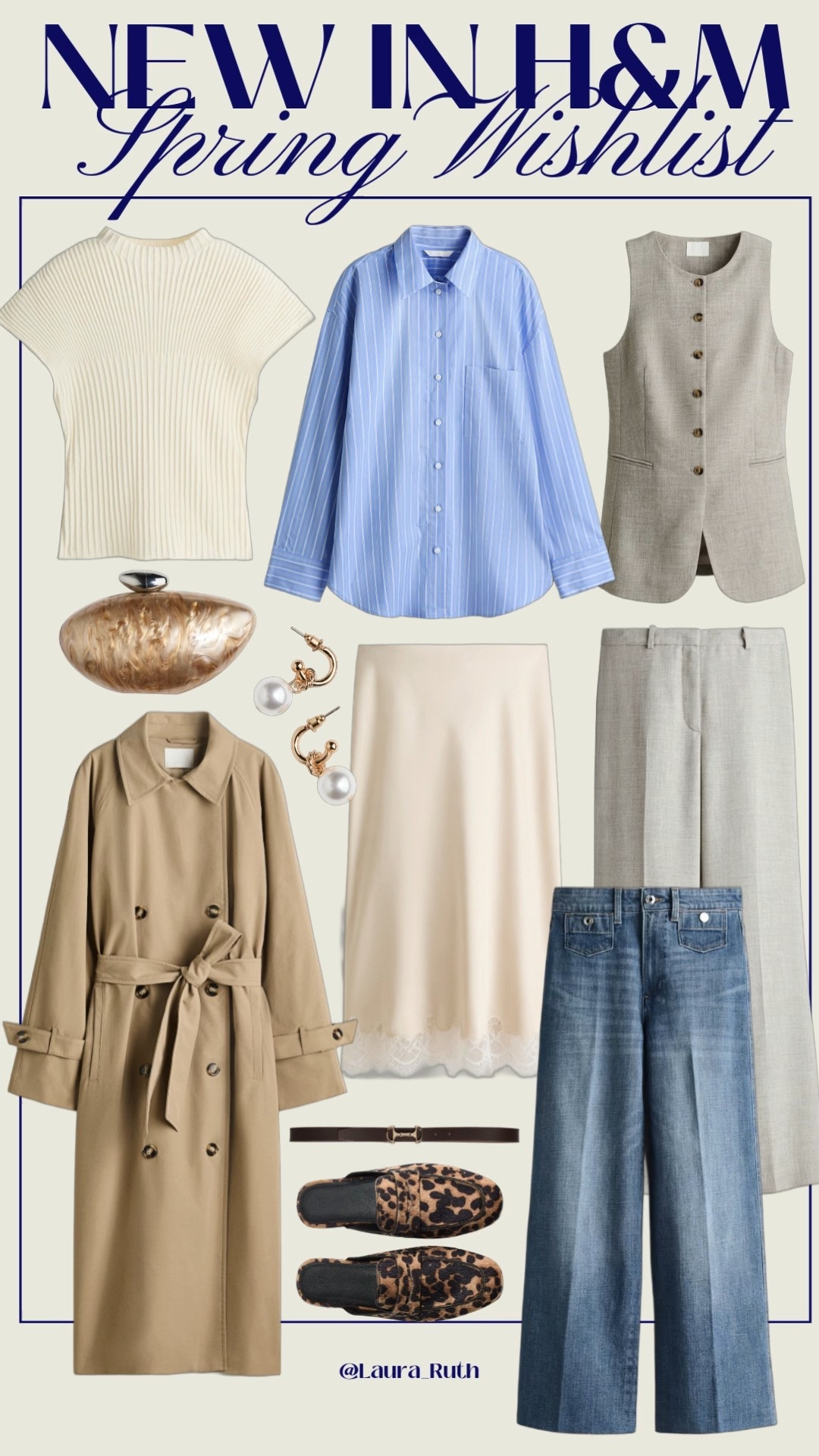 New in H&M spring wishlist 🌸🤍 Sharing the best neutral spring outfits, trench coat, wide leg jeans, linen vest, satin midi skirt, striped button down, ribbed knit tee, leopard loafers & pearl accessories. Perfect capsule wardrobe staples for effortless chic everyday style.

#LTKuk #LTKspring #LTKstyletip