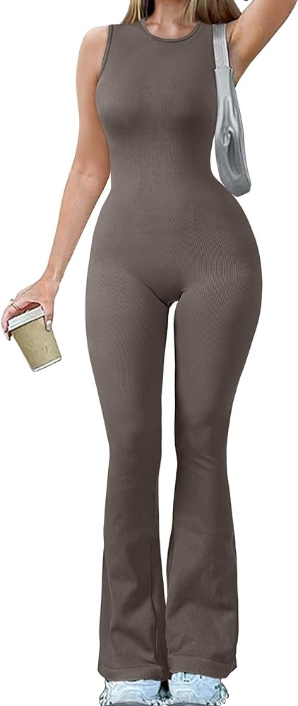 OQQ Women Yoga Jumpsuits Ribbed Crew Neck Sleeveless Bell Bottoms Flare Jumpsuits | Amazon (US)