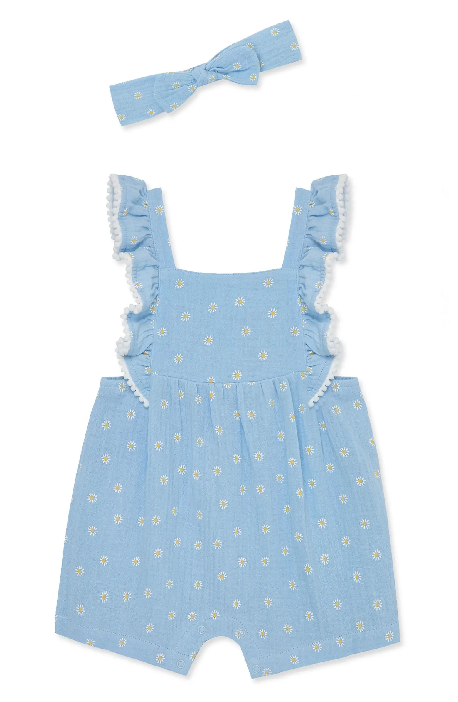 Little Me Daisy Cotton Gauze Romper & Headband Set | Nordstrom | Nordstrom