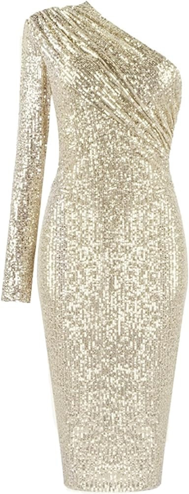 Madam Uniq Women's Sexy One Shoulder Long Sleeve Sequin Sparkle Dress Ruched Evening Gown Midi Fo... | Amazon (US)