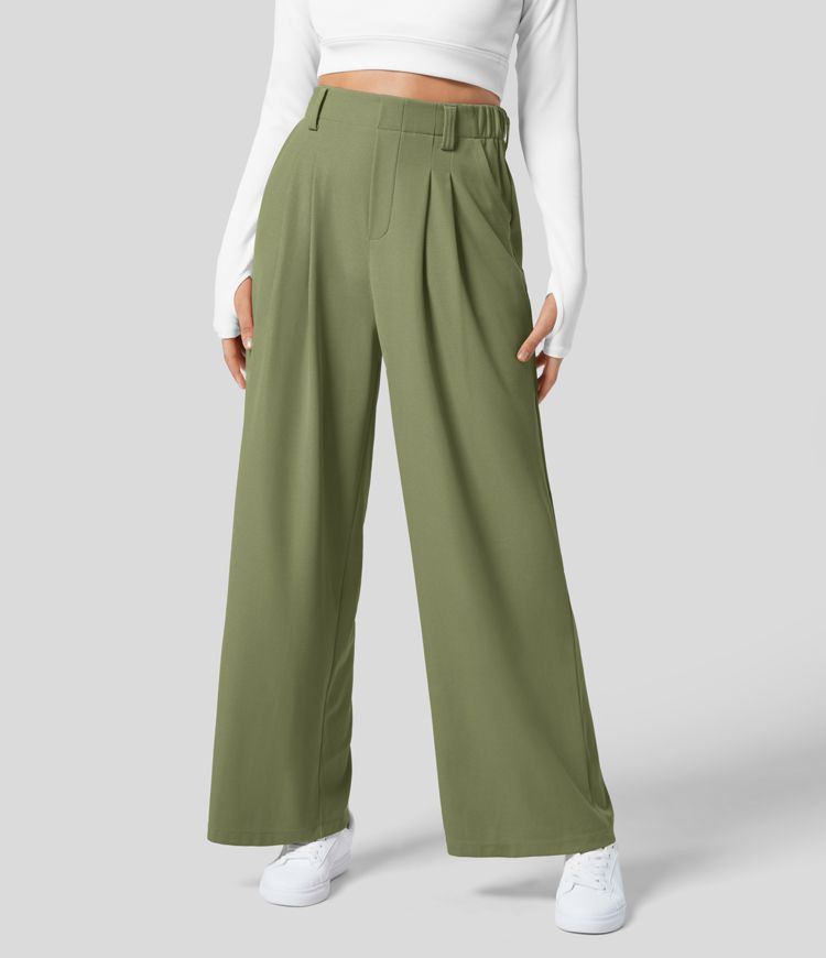Women’s HalaraFlex™ High Waisted Plicated Side Pocket Wide Leg Waffle Work Pants - Halara | HALARA