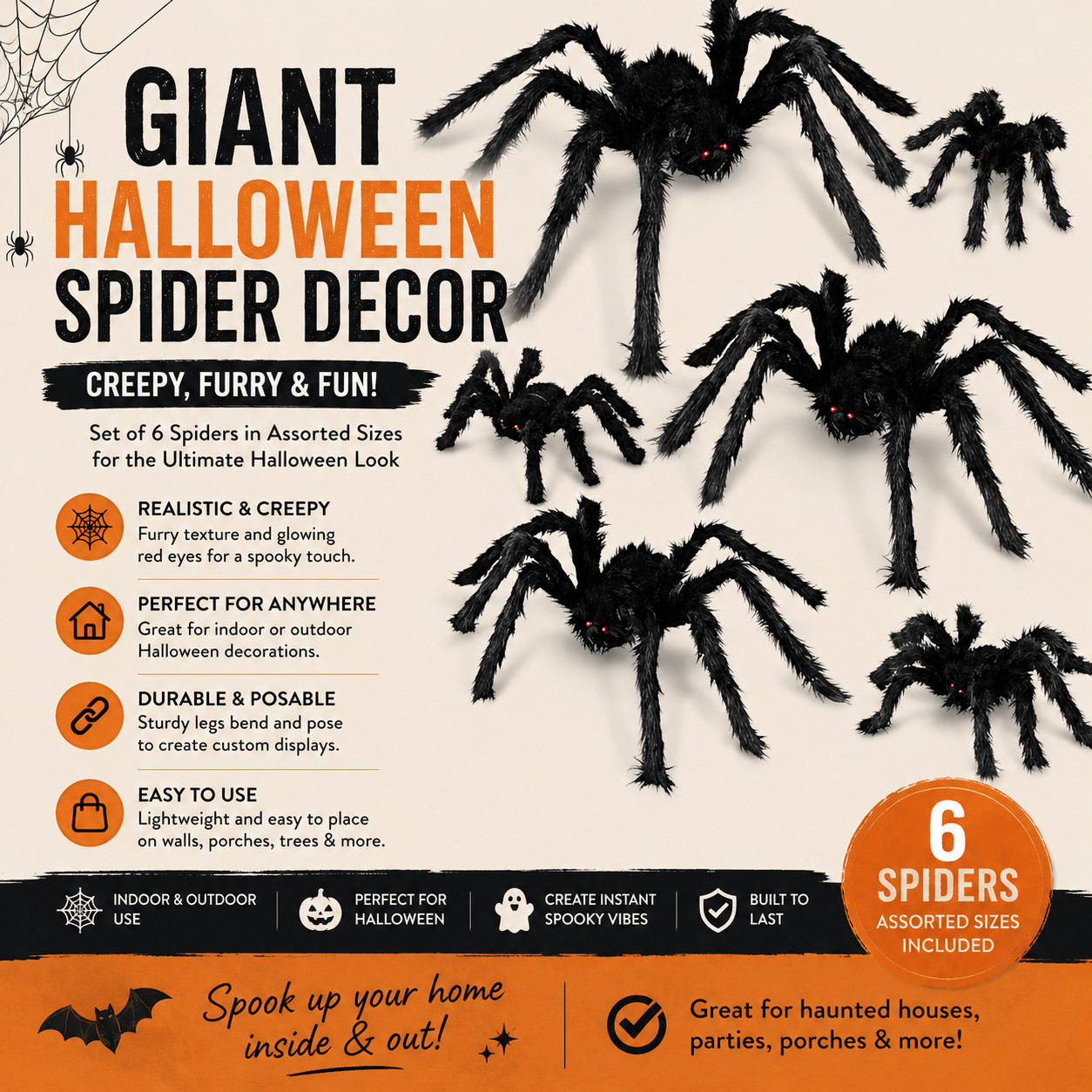 Affiliate links. I may earn a commission from purchases.

These giant Halloween spiders are such an easy way to make a porch, yard or party setup feel instantly spookier. The set includes six furry spiders in different sizes with bendable legs, so you can pose them on walls, trees, porches or around other Halloween decorations.

#LTKHome #HalloweenDecor #HalloweenIdeas #OutdoorHalloweenDecor #HalloweenPorch #SpookySeason #SpiderDecor #FallDecor #HomeFinds #AmazonFinds
 

 #LTKSeasonal #LTKHome