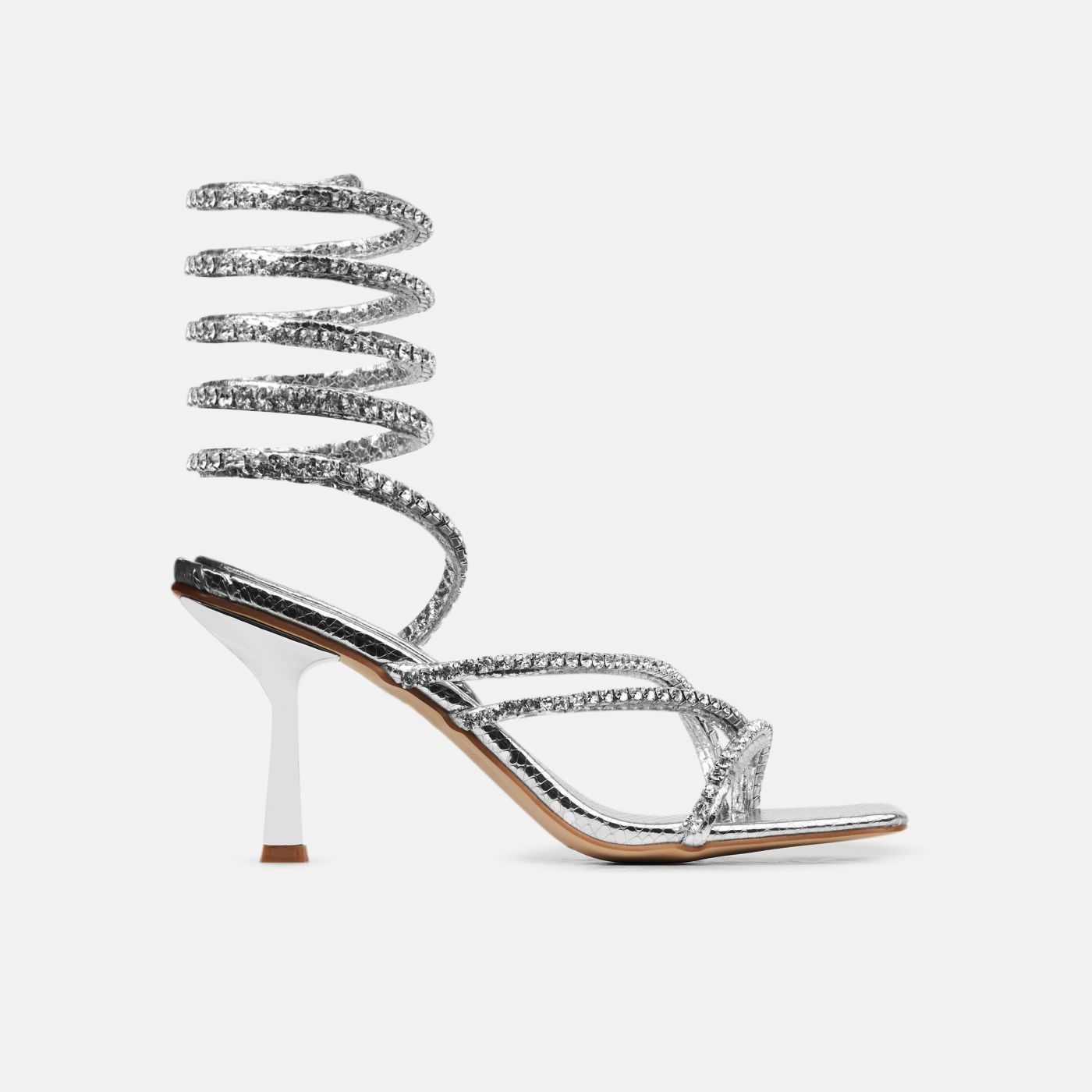 Freesia Silver Faux Snake Print Spiral Mid Heels | Simmi Shoes