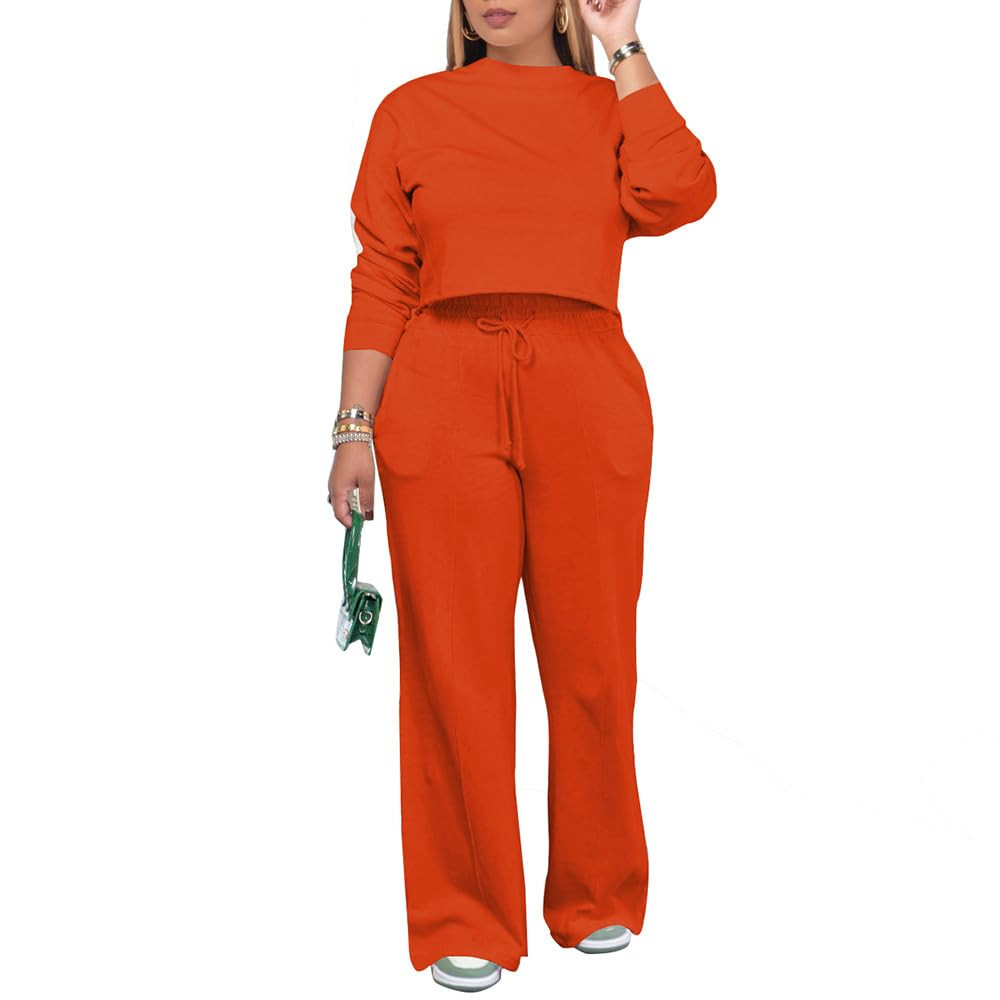 PINSV Women's 2 Piece Outfits Sweatsuit Set Long Sleeve Crop Top Drawstring Wide Leg Pants with P... | Amazon (US)