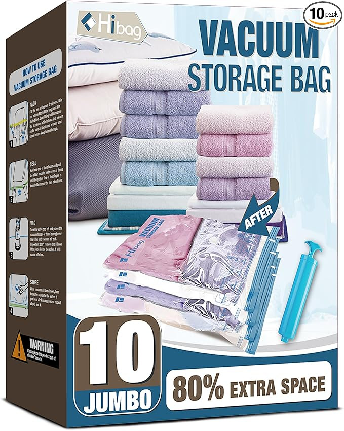 HIBAG Vacuum Storage Seal Bags, 10 Jumbo Space Saver Vacuum Sealer Bags for Clothes, Comforters, ... | Amazon (US)