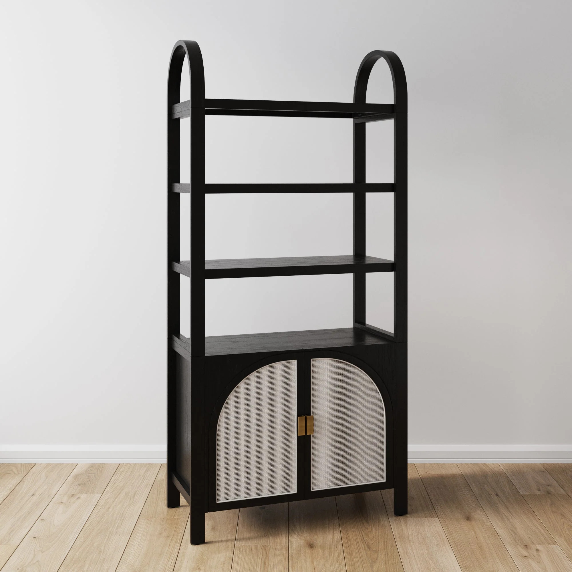 Arched Door Rattan Bookshelf Black Oak | Nathan James