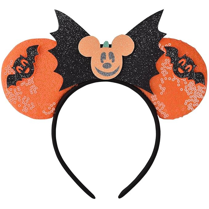 Halloween Minnie Ears Bow Headbands, Sequin Mickey Ears Halloween Bat Headband Glitter Party Prin... | Amazon (US)
