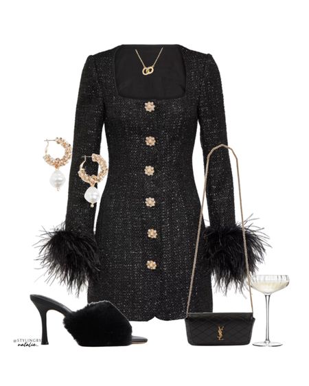 New Year’s Eve dress- black boucle dress with feather sleeves,  fluffy heels, YSL cross body bag & gold jewellery.

#LTKparties #LTKHoliday #LTKSeasonal