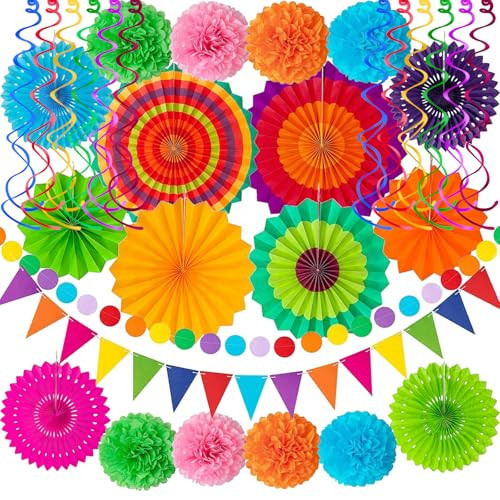32Pcs Cinco De Mayo Decorations Fiesta Party Decorations Multi-Color Paper Fans Garlands Pennant Pom Poms Hanging Swirls for Birthday Wedding Rainbow Mexican Party | Amazon (US)