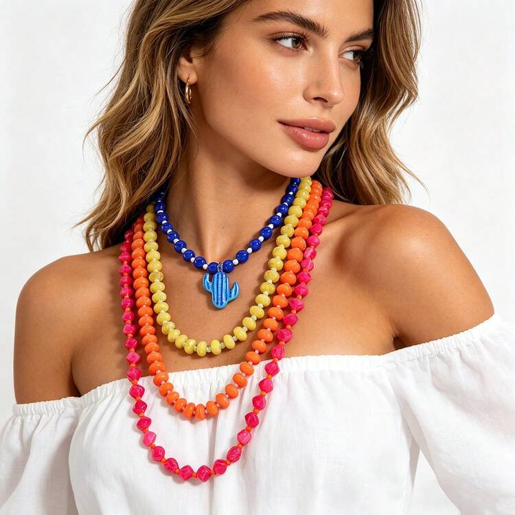 4pcs/Set Tropical Cactus Layered Beaded Necklace Set, Colorful Ombre Choker Necklace, Suitable Fo... | SHEIN