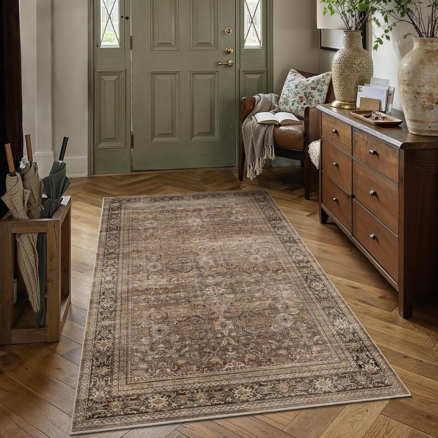 Schweek 4x6 Brown Area Rug Washable Non-Slip Vintage Floral Entryway Rugs | Amazon (US)