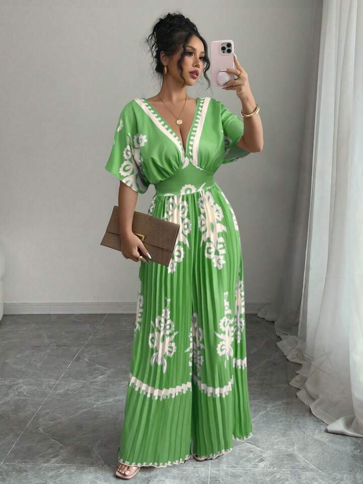 Elenzga Retro Print Batwing Sleeve Deep V Neck Pleated Jumpsuit For Women, Vacation | SHEIN