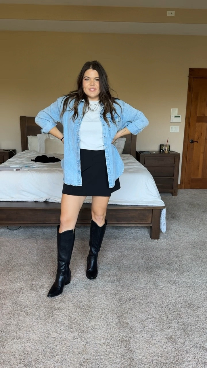 Midsize fall outfit idea especially for my sweaty girls , this is super breathable and the layer is easy to take off! 

Obsessed with his black skort from Amazon, it’s stretchy and I wear size XL 

Oversize denim jacket/denim shirt size XL   

This crewneck is from Amazon size XL 

Western boots from Amazon are so comfortable I wear them constantly  all my concert outfits

Style, fall outfit, denim, jeans, concert outfit, skort

#LTKMidsize #LTKFindsUnder50 #LTKStyleTip