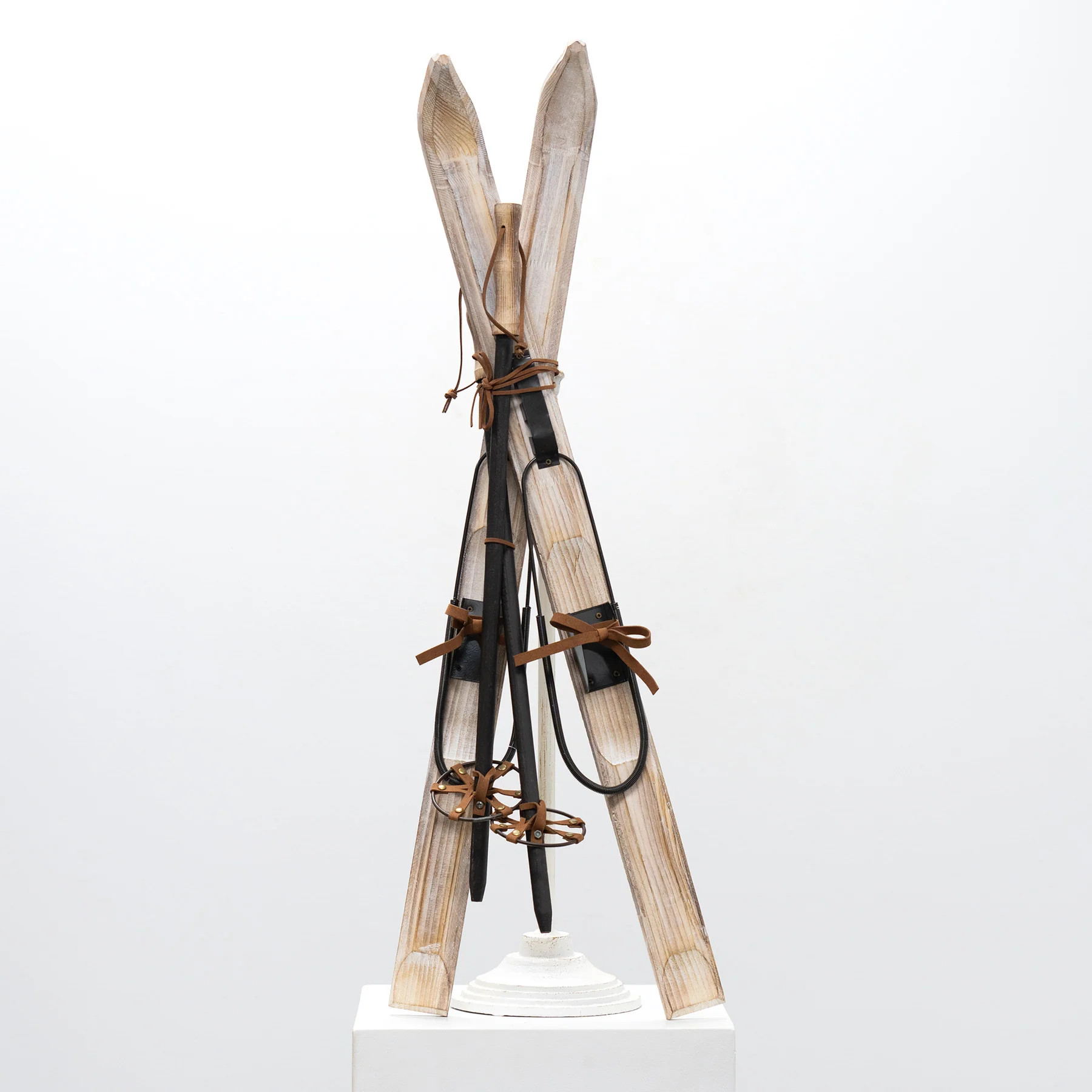 Wood, Metal & Suede Decorative Ski & Pole Pair Winter Fireplace Lodge Christmas Decor | Darby Creek Trading