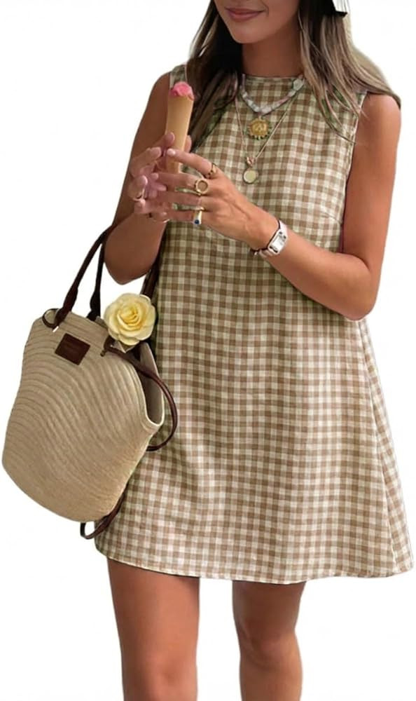 IDEALSANXUN Womens Gingham Dress Spring Summer Beach Boho Sleeveless Mini Sundress | Amazon (US)