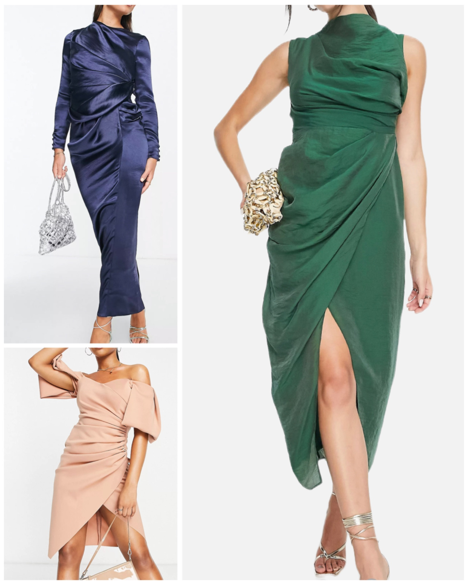 drape midi dress with wrap skirt in textured fabric in green, sweetheart neck wrap tuck off shoulder bardot midi dress in camel and Satin high drape neck maxi dress with long sleeves in navy

#weddingguestdress #winterdressesevening #eveningdress #formaldress #prom #homecoming 

#LTKwedding #LTKunder100 #LTKcurves