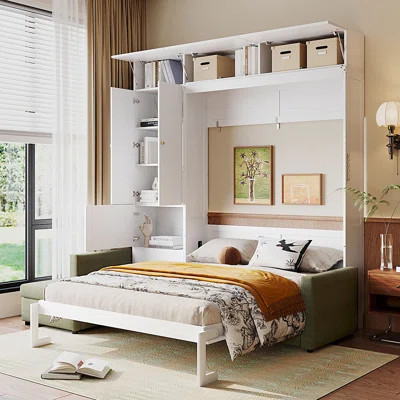Queen Murphy Bed With Sofa Couch And Storage Cabinet And Adjustable Shelves | Wayfair North America