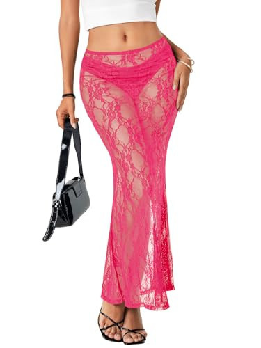 Rooscier Women's Lace Sheer Long Skirt High Waist A-line Summer Sexy Beach Maxi Skirts Rose Medium | Amazon (US)