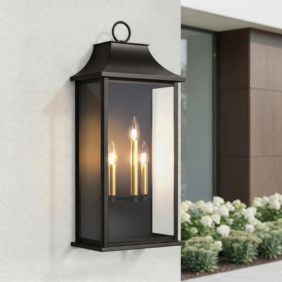 3 - Light 25''H Black and Gold Iron ETL Outdoor Wall Light with Dusk to Dawn and Tempered Glass | Wayfair North America