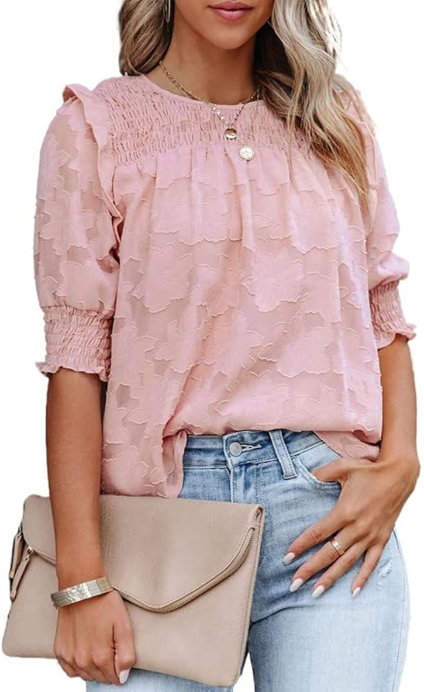 Dokotoo Womens Blouses Half Sleeve Shirred Tops Crewneck Lace Textured Flowy Casual Shirts | Amazon (US)