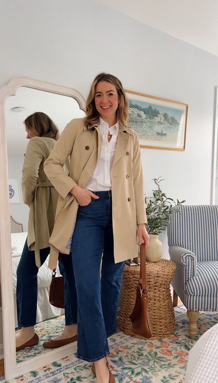 Timeless style outfit idea / flare jeans, white button up, trench coat and ballet flats! Classic, preppy, and timeless. 

#LTKstyletip