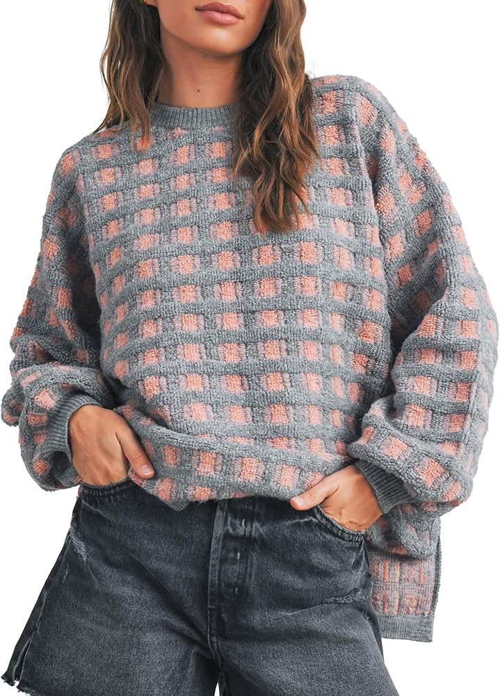 Hixiaohe Oversized Checkered Sweater for Women Trendy Pullover Sweaters Casual Long Sleeve Ribbed... | Amazon (US)