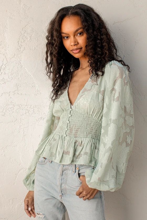 Patio Date Light Green Floral Jacquard Button-Up Long Sleeve Top | Lulus (US)