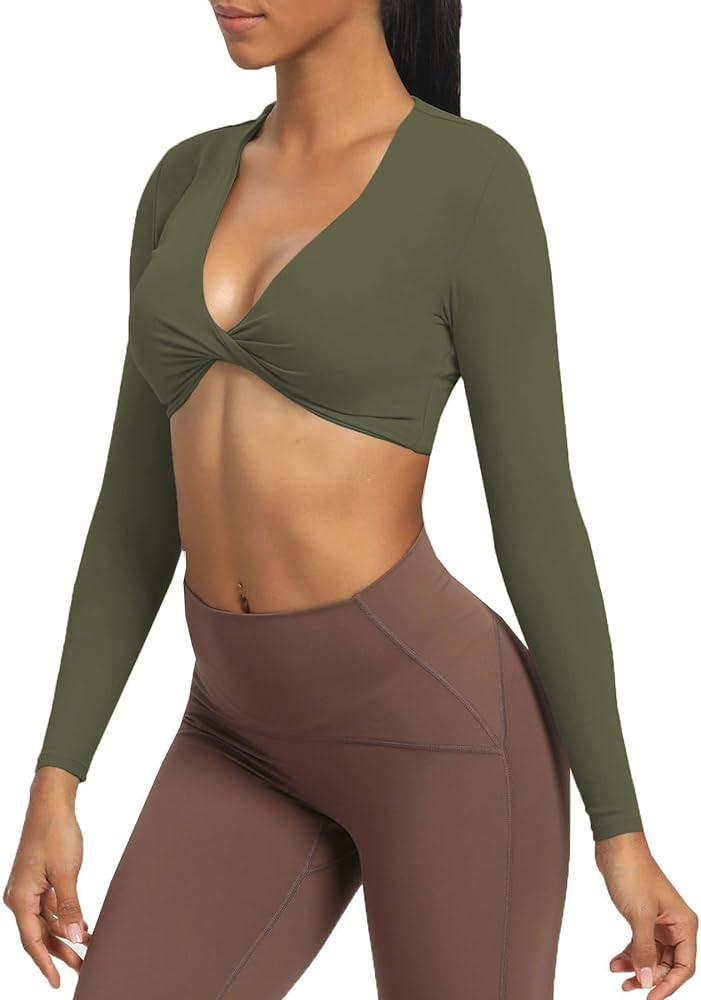 Aoxjox Long Sleeve Crop Tops for Women Sienna Twist Deep V Workout Crop T Shirt Top | Amazon (US)