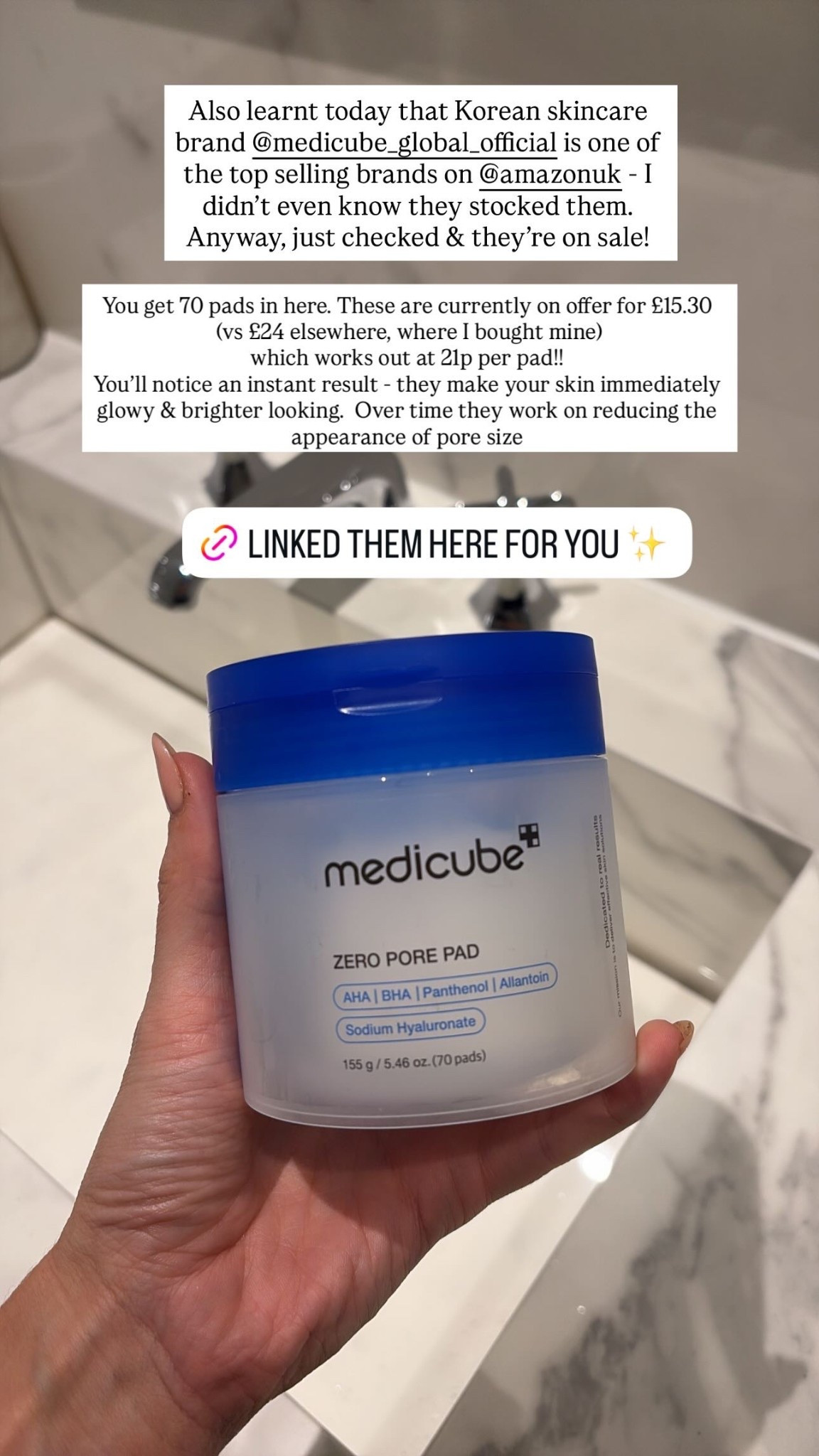 Also learnt today that Korean skincare brand @medicube_global_official is one of the top selling brands on @amazonuk - I didn’t even know they stocked them. Anyway, just checked & they’re on sale! 
You get 70 pads in here. These are currently on offer for £15.30
 (vs £24 elsewhere, where I bought mine) 
which works out at 21p per pad!! 
You’ll notice an instant result - they make your skin immediately 
glowy & brighter looking.  Over time they work on reducing the appearance of pore size