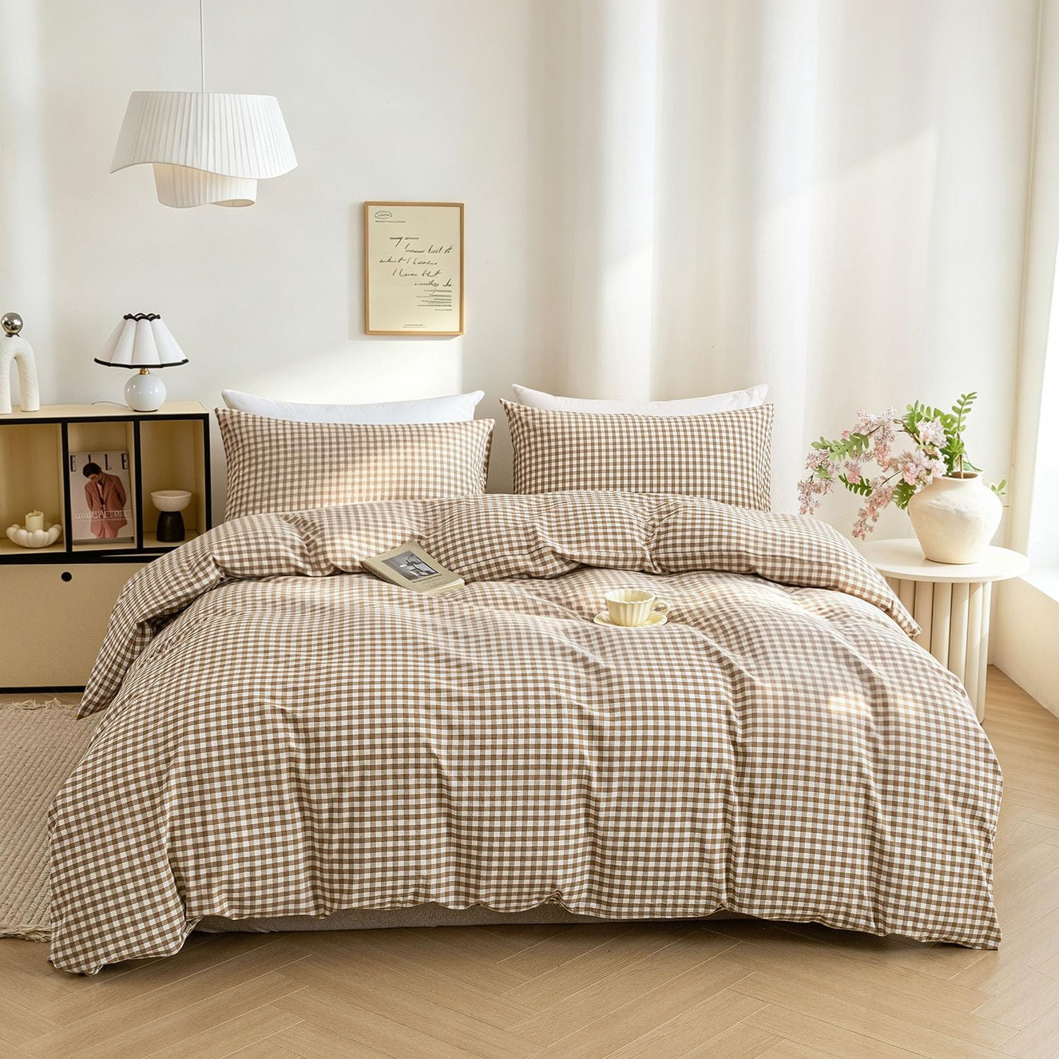 Mucalis Tan Gingham Duvet Cover Queen 100% Washed Cotton Brown Plaid Checkered Duvet Cover Set Vintage 3 Piece Beige Cream Grid Bedding Set with Zipper Closure Corner Ties,Durable,Breathable,Easy care | Amazon (US)