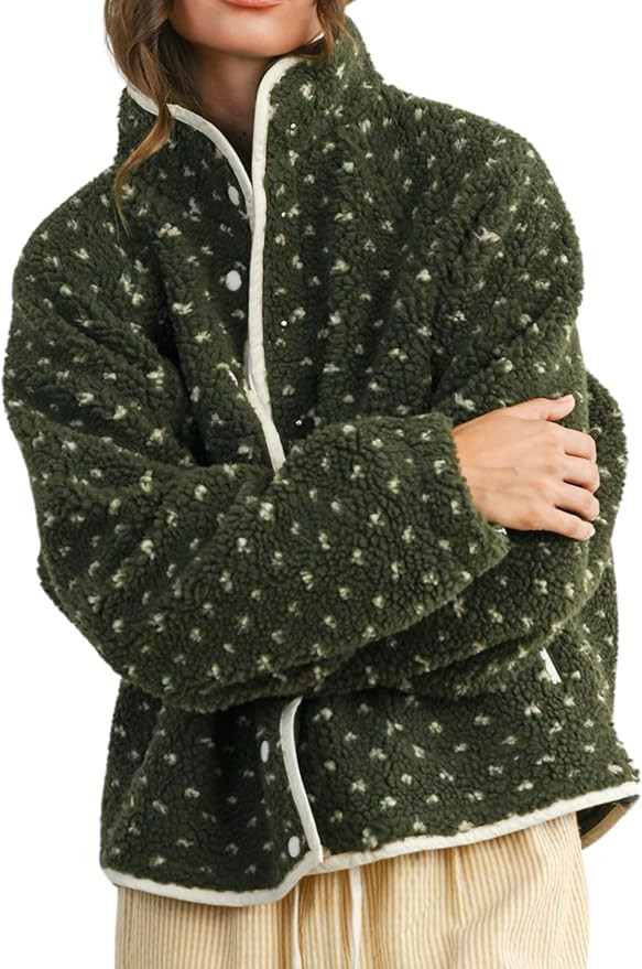 Women's Fleece Jacket Button Down Lapel Collar Sherpa Jackets Long Sleeve Contrast Quilted Outerw... | Amazon (US)