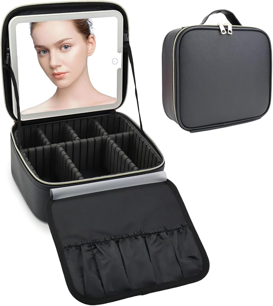 Travel Makeup Bag with LED Mirror Travel Makeup Organizer with 3 Lighted Settings, Adjustable Div... | Amazon (US)