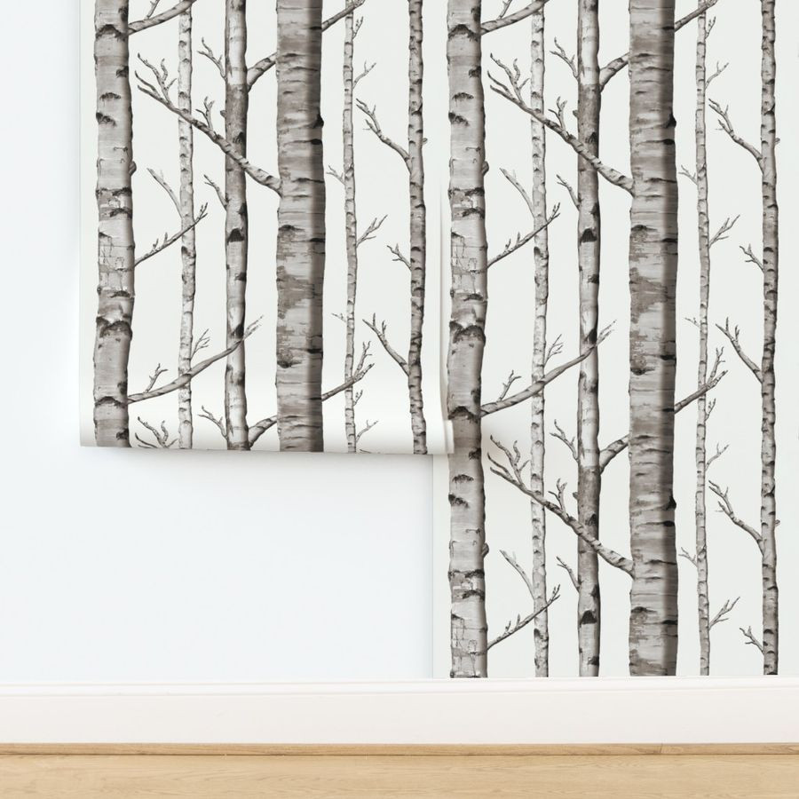 Birch Grove Fabric and Wallpaper in Warm Grey and Linen White | Spoonflower