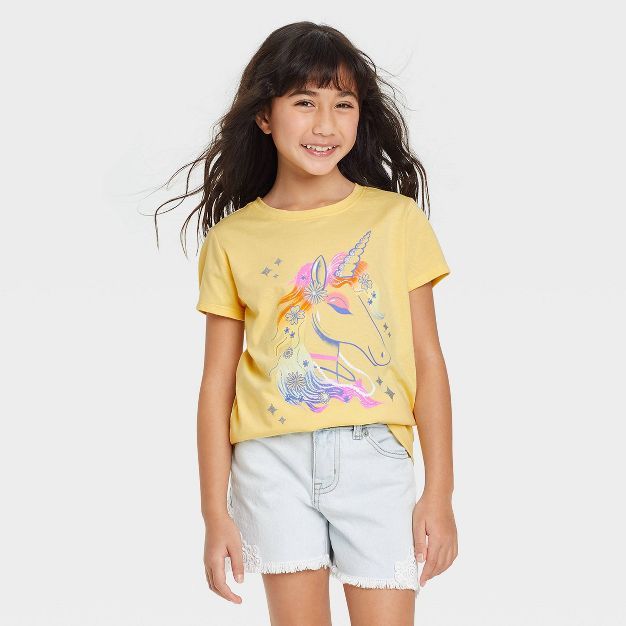 Girls' 'Majestic Unicorn' Short Sleeve Graphic T-Shirt - Cat & Jack™ Yellow | Target