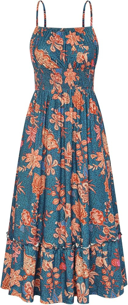 GRACE KARIN Summer Dresses for Women 2026 Vacation,Smocked Floral Maxi Dress,Boho Beach Sundress ... | Amazon (US)