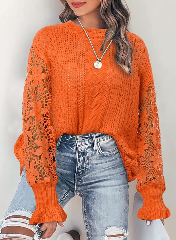 CHICZONE Women Lace Crochet Long Sleeve Crew Neck Casual Loose Knit Pullover Sweaters Tops (S-3XL) | Amazon (US)