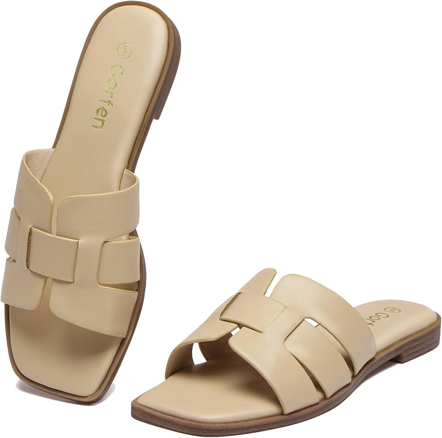 Women's Flat Sandals Dressy Comfortable Square Open Toe Slip On Leather Slide Sandals | Amazon (US)