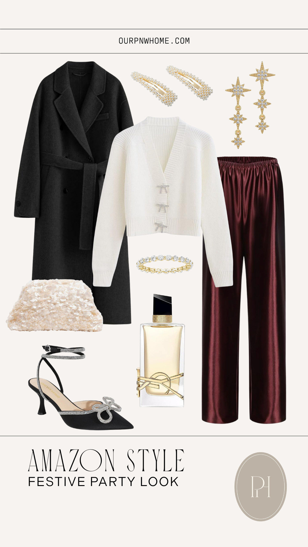 Loving these comfy chic finds for all your festive holiday party looks!

burgundy pants, satin pants, bow cardigan, holiday cardigan, black trench coat, winter trench coat, star earrings, dangly earrings, pearl barettes,  hair accessories, women's fragrance, perfume, sequined handbag, clutch purse, bow heels, black pumps, Christmas party looks, holiday party looks, winter style, holiday style 

 #LTKHoliday #LTKSeasonal #LTKFindsUnder100